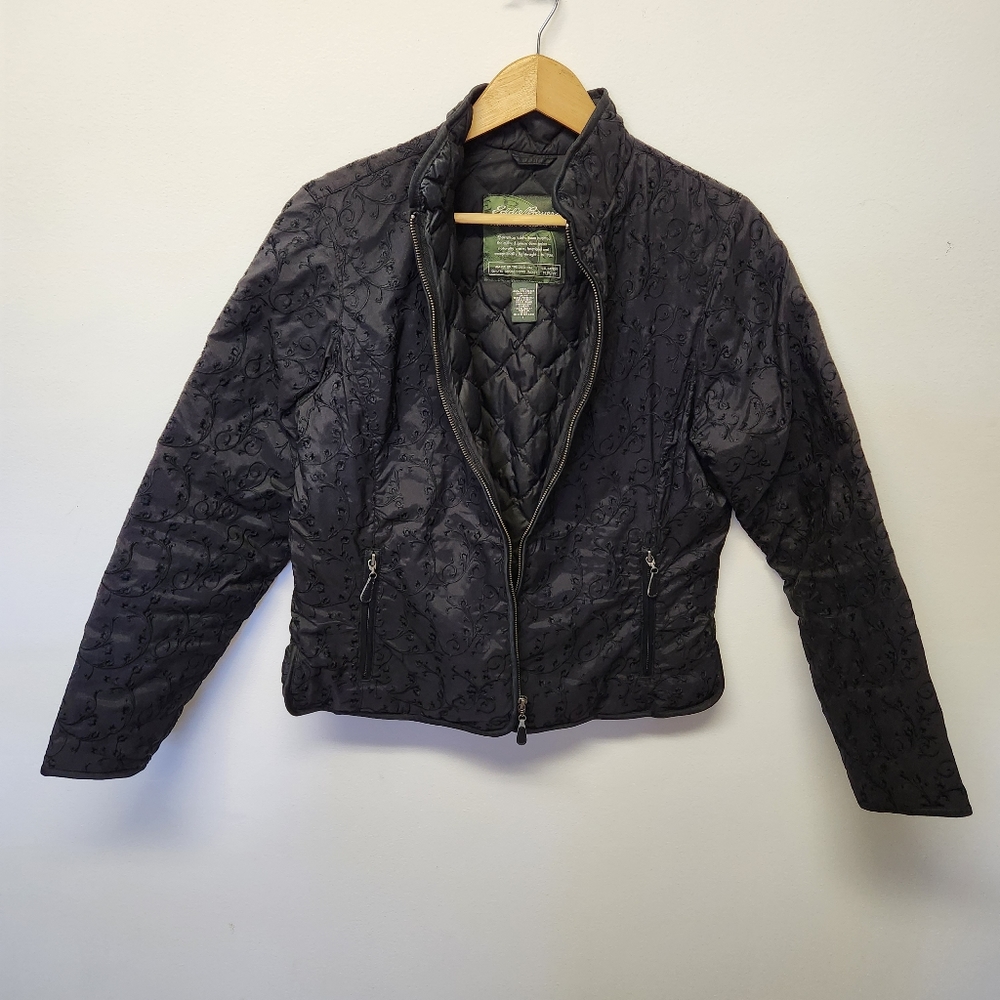 Eddie Bauer Premium Goose Down Embroidered Black Jacket Women's Size Large